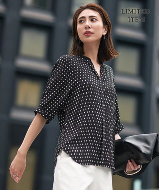 ICB 【人気のため新色追加・WEB限定・接触冷感・UVケア・速乾・洗える】BackSatinAmunzen 5分袖キーネックブラウス ブラックドット系