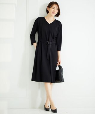 自由区 【洗える】アムンゼンジャージー Vネックワンピース ブラック系