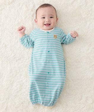 MIKI HOUSE HOT BISCUITS 【50-60cm】 みじんボーダー ワンポイント刺繍 ツーウェイオール