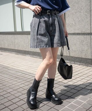 WEGO ベルト付デニムタックショートパンツ ブラックその他