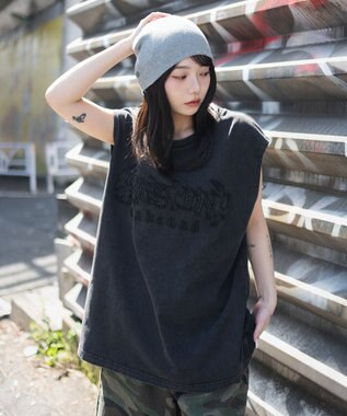 WEGO 【ユニセックス着用ITEM】ブリーチダメージアップリケノースリーブ ブラックその他