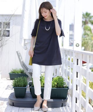 Tiaclasse 【洗える】フレアカフスポンチチュニックブラウス ネイビー