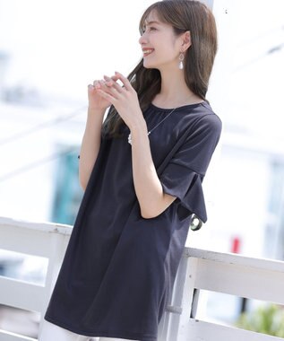 Tiaclasse 【洗える】フレアカフスポンチチュニックブラウス ネイビー