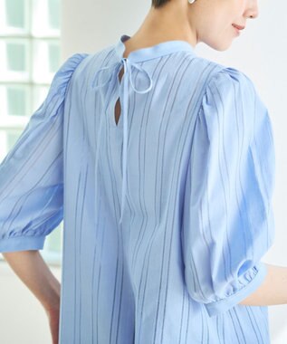 UNFILO ストライプレース 2WAY パフスリーブブラウス ブルー