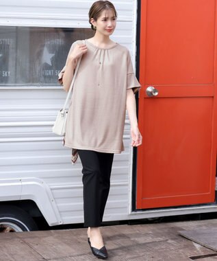 Tiaclasse 【洗える】フレアカフスポンチチュニックブラウス グレージュ