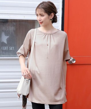 Tiaclasse 【洗える】フレアカフスポンチチュニックブラウス グレージュ