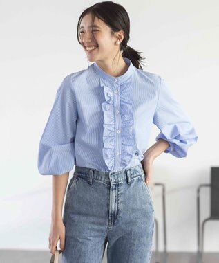 組曲 コンパクトシャーティング フリルブラウス スカイブルー系1