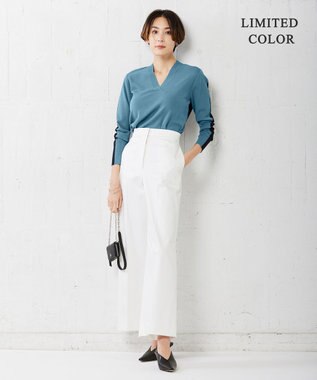 ICB 【洗える】 シンセティックフルニードル Vネックプルオーバー ライトブルーグレー×ネイビー系［WEB限定］