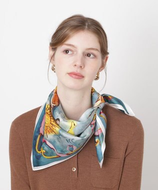 MOONBAT PAUL&JOE ACCESSOIRES(ポール & ジョー) シルクスカーフ 空 オーステルリッツ記念柱 ネコと毛糸 気球 65cm×65cm 手洗いOK ターコイズブルー