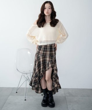 WEGO チェックアシンメトリーフリルロングスカート ブラウンチェック1