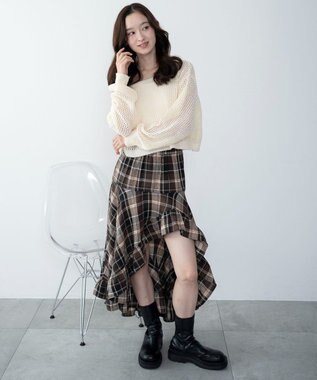 WEGO チェックアシンメトリーフリルロングスカート ブラウンチェック1