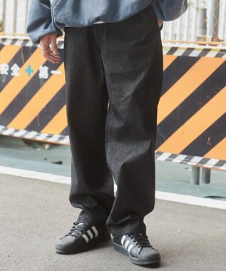 WEGO 【ユニセックス着用ITEM/ウエストゴム/SMLサイズ展開】デニムイージーストレートパンツ ブラック