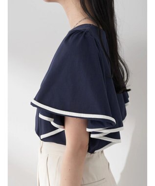 earth music&ecology パイピングフレアスリーブカットソー Navy