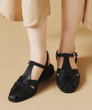 Dominic3 スタッズピース レザーケージサンダル ブラック