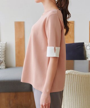 Tiaclasse L 【洗える】配色カフスニットトップス ピンク×オフホワイト