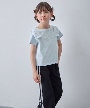 ANY KIDS 【綿100%】肩リボン×ラインストーンロゴ 半袖Tシャツ サックスブルー