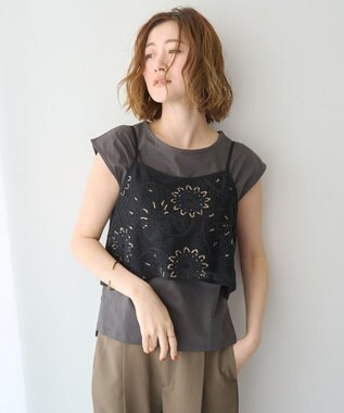 YECCA VECCA 【2点SET】刺繍メッシュキャミセットコットンTee Black