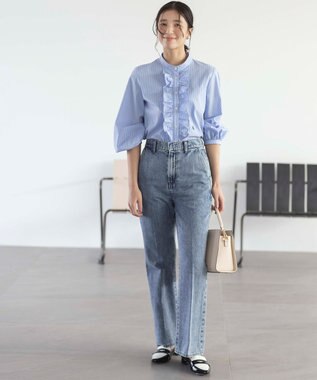 組曲 コンパクトシャーティング フリルブラウス スカイブルー系1