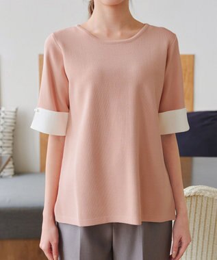 Tiaclasse L 【洗える】配色カフスニットトップス ピンク×オフホワイト