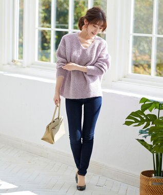 Tiaclasse L 【洗える】表情豊かなVネックMIX糸オーバーニット ラベンダー