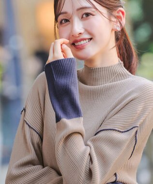 Tiaclasse 配色スリーブリブニットトップス ベージュ