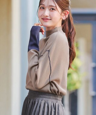 Tiaclasse 配色スリーブリブニットトップス ベージュ