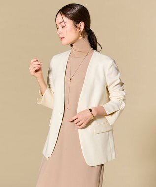 BEIGE， 【L-size】CAROLE / リネンライクノーカラーハーフ丈ジャケット Ecru