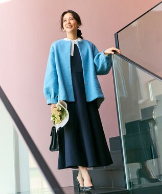 #Newans 【セレモニーにも】フレアニットワンピース ネイビー