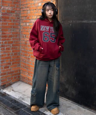 WEGO 裏起毛グラフィックビッグプルパーカー ワイン