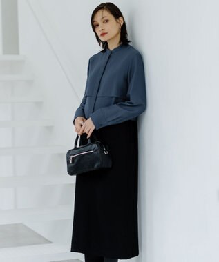 ICB 【洗える】ウールワッシャーツイル シャツドッキング ワンピース ブルーグレー×ブラック