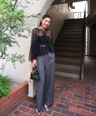 Green Parks リボンチュールデザインブラウス Black