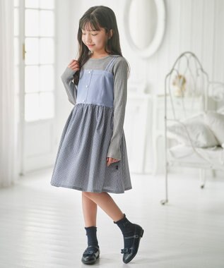組曲 KIDS 【150-170㎝】チェックドッキング ワンピース サックスブルー
