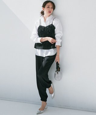 23区 【防シワ性/吸水速乾】ジョーゼットサテン ジョグパンツ ブラック系