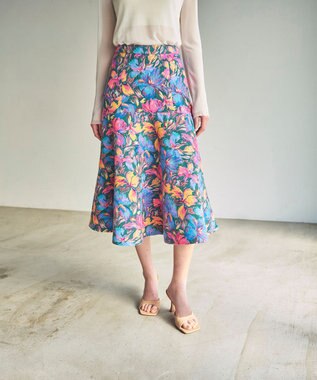 GRACE CONTINENTAL フラワージャガードフレアスカート ブルー