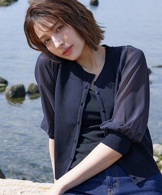 Tiaclasse L 【洗える】パフスリーブコンビカーディガン ネイビー