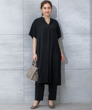 23区 L 【Lサイズ限定/吸水速乾/UVカット/接触冷感/】ストレッチジョーゼット 半袖ワンピース ブラック系