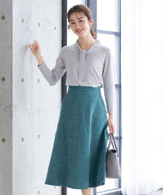 Tiaclasse 【洗える】大人華やかなツイードフレアスカート ターコイズ