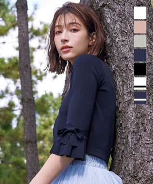 Tiaclasse L 【洗える】袖口フレアリボンニットカーディガン ネイビー