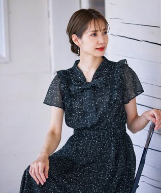 Tiaclasse 【洗える】花柄ボウタイフレアワンピース ブラック