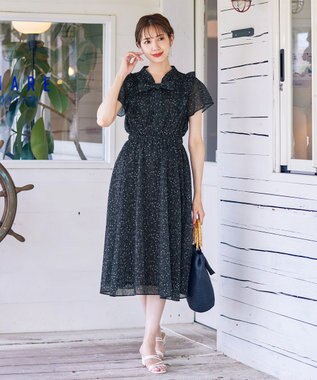 Tiaclasse 【洗える】花柄ボウタイフレアワンピース ブラック