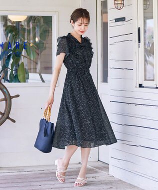 Tiaclasse 【洗える】花柄ボウタイフレアワンピース ブラック