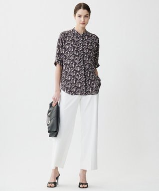 ICB L 【人気のため新色追加・接触冷感・UVケア・速乾・洗える】BackSatinAmunzen 5分袖バンドカラーブラウス チャコール×トープ柄系