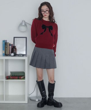 WEGO ベロアリボンアップリケタックスリーブニット ワイン