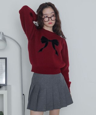 WEGO ベロアリボンアップリケタックスリーブニット ワイン