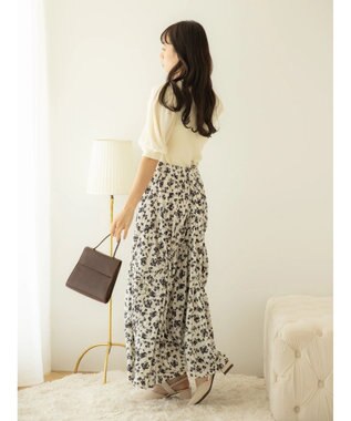 earth music&ecology ドロストギャザーフレアスカート Flower Navy