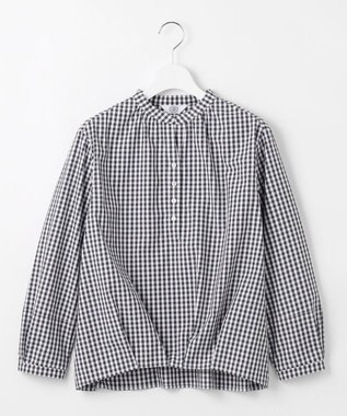 J.PRESS LADIES 【洗える・接触冷感・UVケア】エステネージュストライプ コクーン ブラウス ホワイト×ネイビーギンガム系