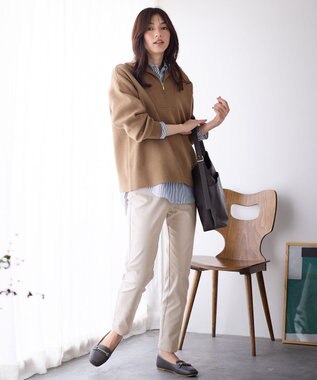 ANY スウェットライクハーフジップニット キャメル