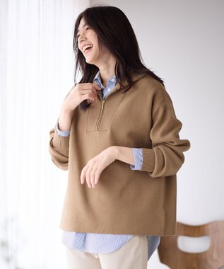 ANY スウェットライクハーフジップニット キャメル