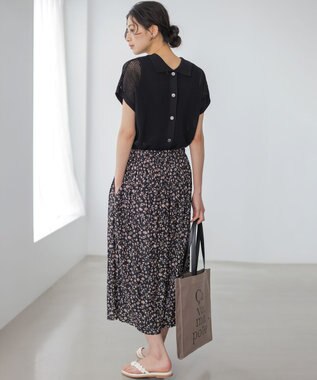 組曲 L ギャザーライトデシン パンツ ブラック×ピンクフラワー系