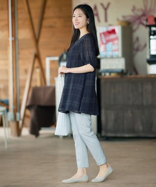 Tiaclasse L シフォンチェックパフスリーブチュニック ネイビー
